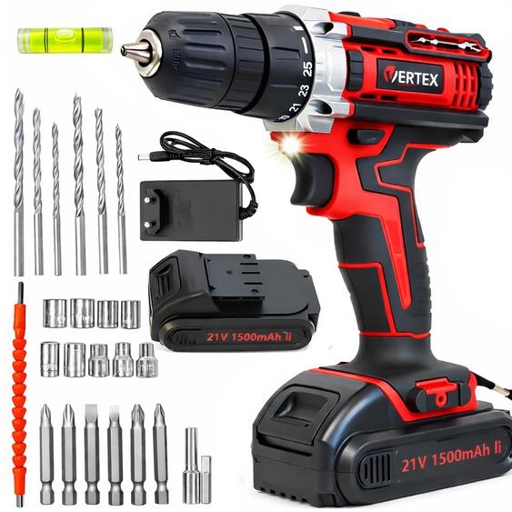 Perceuse-visseuse sans fil VERTEX, 21 V, kit avec accessoires, 2 batteries, chargeur, douilles, embouts, adaptateurs