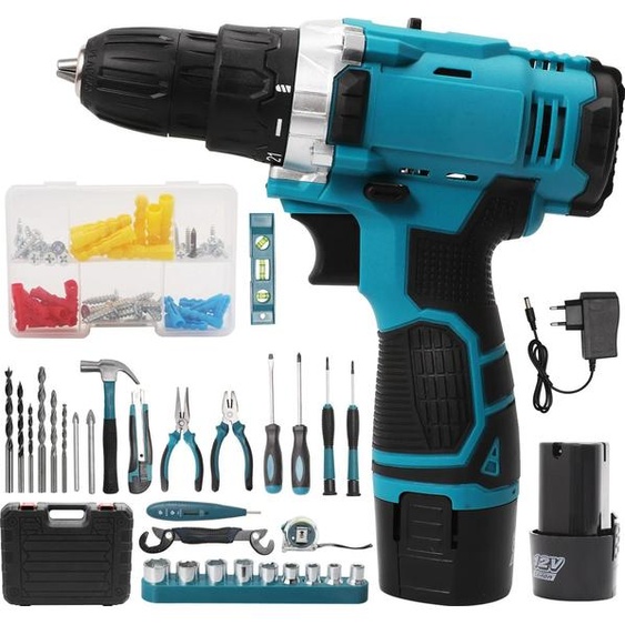 Perceuse-visseuse sans fil Visseuse sans fil - 12 V - Couple de 25 Nm - 18+1 niveaux de couple - Boîte à 2 vitesses - Kit 87 pièces - Batterie incluse - Argent