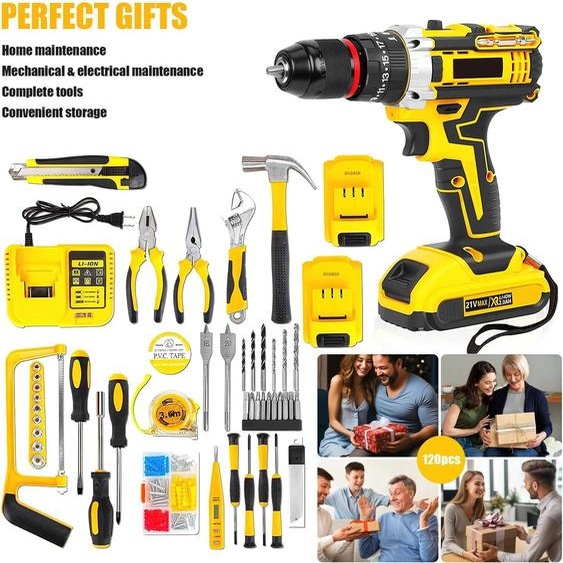 Perceuse-visseuse sans fil/visseuse sans fil - Kit A - 21 V - 25+3 niveaux de couple - Rotation à droite/à gauche - Pour les matériaux non métalliques - Jaune