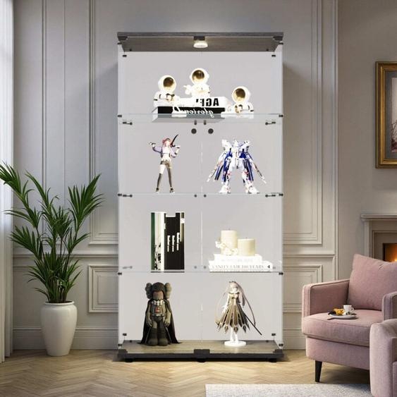 Pergar - 4 Étagères Vitrine Verre Trempé Collection Salon, éclairage réglable, sécurité enfant conception, double porte, base noir, 80.5x36.5x164 cm