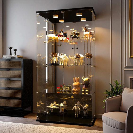 Pergar - Vitrine Verre Trempé 4 Étagères, Design Moderne avec Poignée Métal et Fermeture à Clé, éclairage réglable, base noir, 80.5x36.5x164 cm