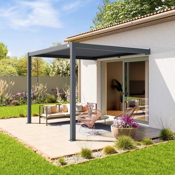 Pergola adossée 3x3 en anthracite avec toit à lames en anthracite - (400136)