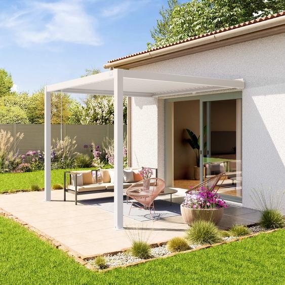 Pergola adossée 3x3 m en blanc avec toit à lames en blanc - (400138)