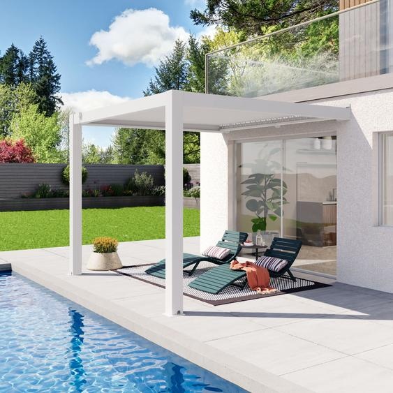Pergola adossée 3x3 m en blanc avec toit à lames en blanc - (400142)