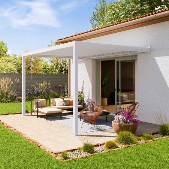 Pergola adossée 3x4 m en blanc avec toit à lames en blanc - (400139)