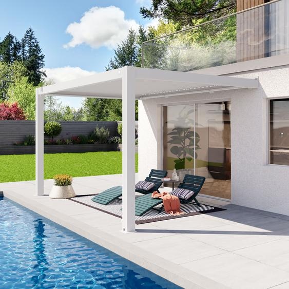 Pergola adossée 3x4 m en blanc avec toit à lames en blanc - (400143)