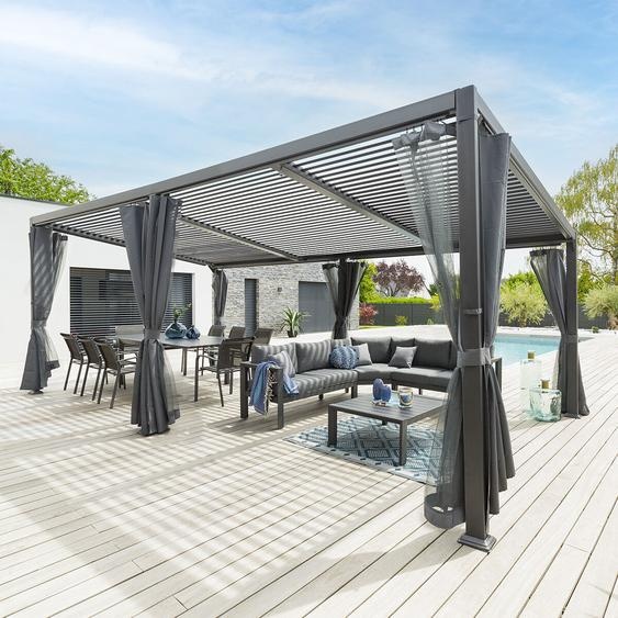 Pergola AVILA Graphite avec 1 kit de moustiquaire et rideaux 6 x 3,5 m - Aluminium traité époxy Hespéride