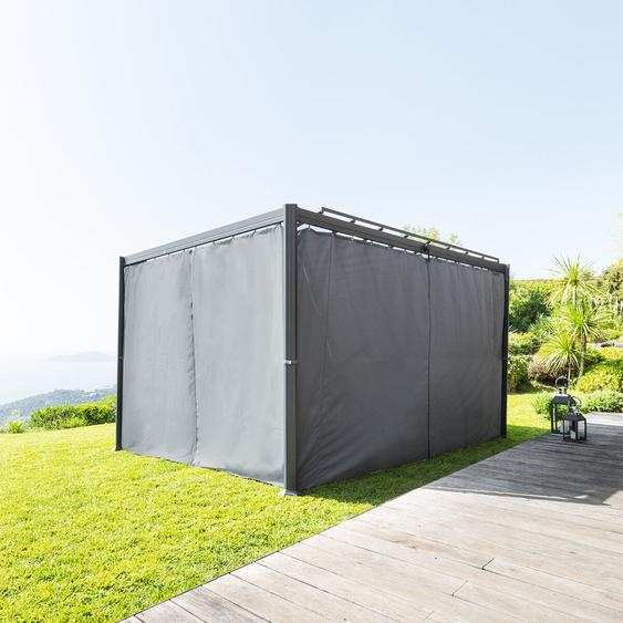 Pergola BELIZE Graphite + 1 kit de rideaux Ardoise 3,8 x 3 m - Aluminium traité époxy, Polycarbonate Hespéride