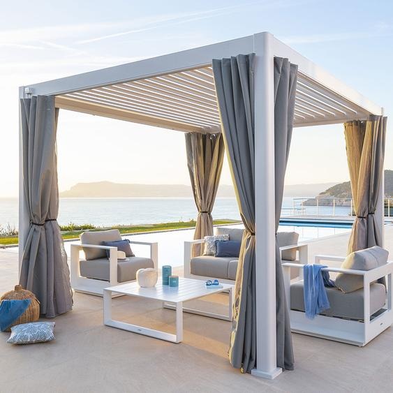 Pergola bioclimatique électrique EVORA blanc + 1 kit de rideaux, moustiquaires et rails 3,6 x m - Aluminium traité époxy Hespéride