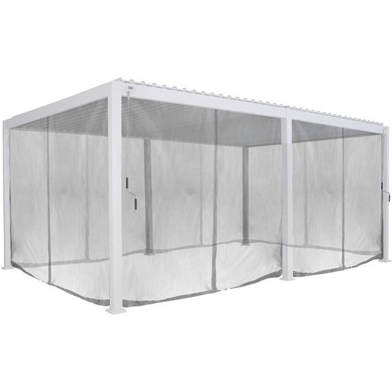 Pergola bioclimatique électrique EVORA blanc + 1 kit de rideaux, moustiquaires et rails 6 x 3,6 m - Aluminium traité époxy Hespéride