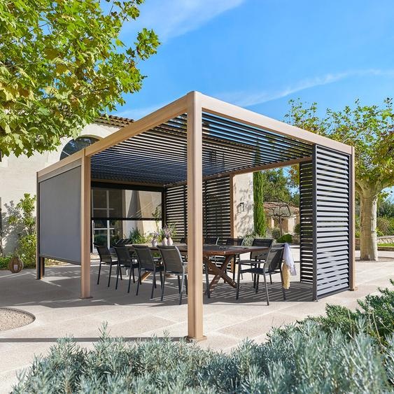 Pergola bioclimatique électrique EVORA Effet bois Honey 6 x 3 m - Structure et lames doubles en aluminium Hespéride