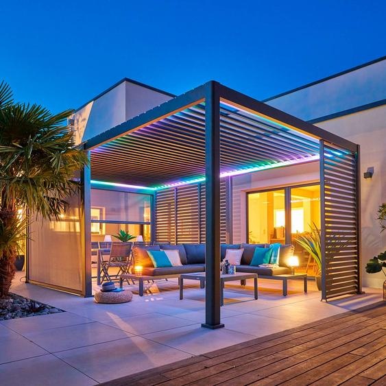 Pergola bioclimatique électrique EVORA Graphite 6 x 3,6 m - Structure et lames doubles en aluminium Hespéride