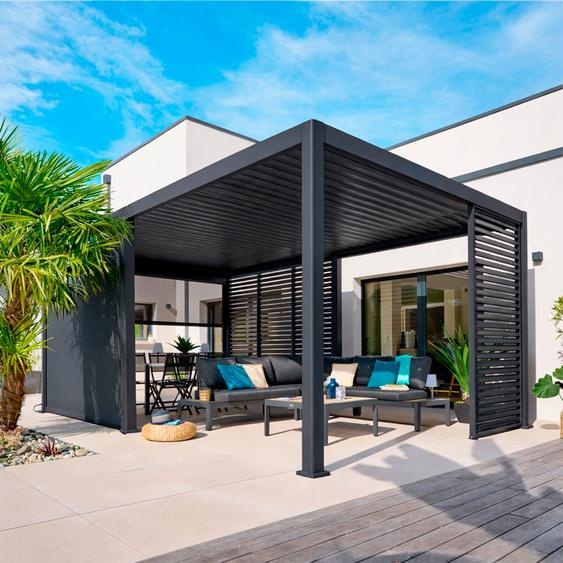 Pergola bioclimatique électrique EVORA Graphite 6 x 3 m - Structure et lames doubles en aluminium Hespéride