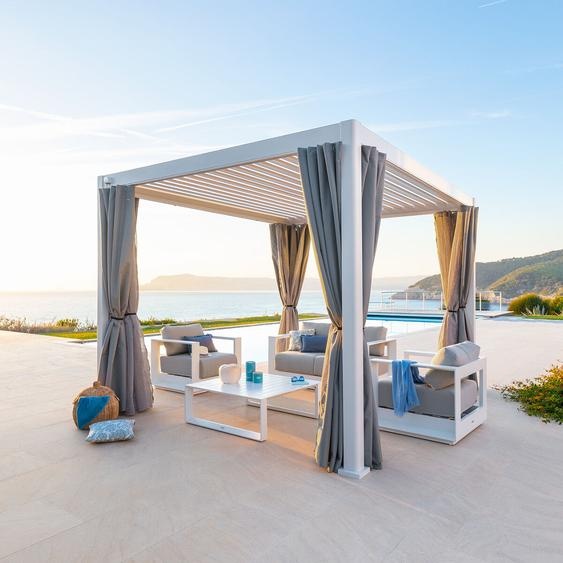 Pergola bioclimatique EVORA blanc + 1 kit de rideaux, moustiquaires et rails 3,6 x m - Aluminium traité époxy Hespéride