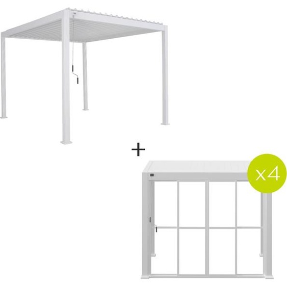 Pergola bioclimatique EVORA blanc + 4 portes coulissantes 3,6 x m - Aluminium traité époxy Hespéride
