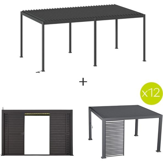Pergola bioclimatique EVORA électrique Graphite + 12 persiennes fixes 2 coulissantes 6 x 3,6 m - Structure et lames doubles en aluminium Hespéride