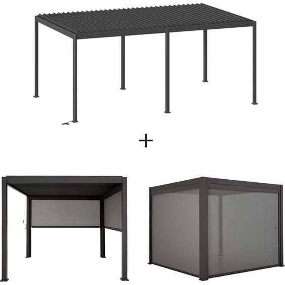 Pergola bioclimatique EVORA électrique Graphite + 6 stores x 3,6 m - Structure et lames doubles en aluminium Hespéride