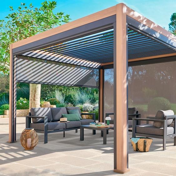 Pergola bioclimatique manuelle EVORA Effet bois Honey 4 x 3 m - Structure et lames doubles en aluminium Hespéride