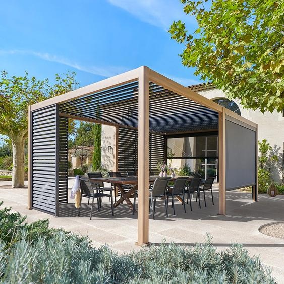 Pergola bioclimatique manuelle EVORA Effet bois Honey 6 x 3 m - Structure et lames doubles en aluminium Hespéride