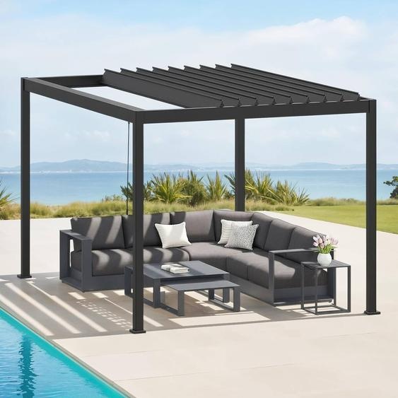 Pergola bioclimatique rétractable EVORA Gris 4 x 3 m - Structure et lames doubles en aluminium Hespéride