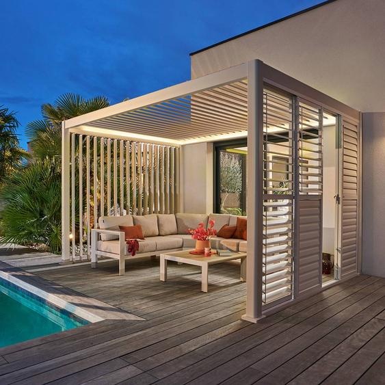 Pergola électrique bioclimatique autoportante EVORA Argile 4 x 3 m - Structure et lames doubles en aluminium Hespéride