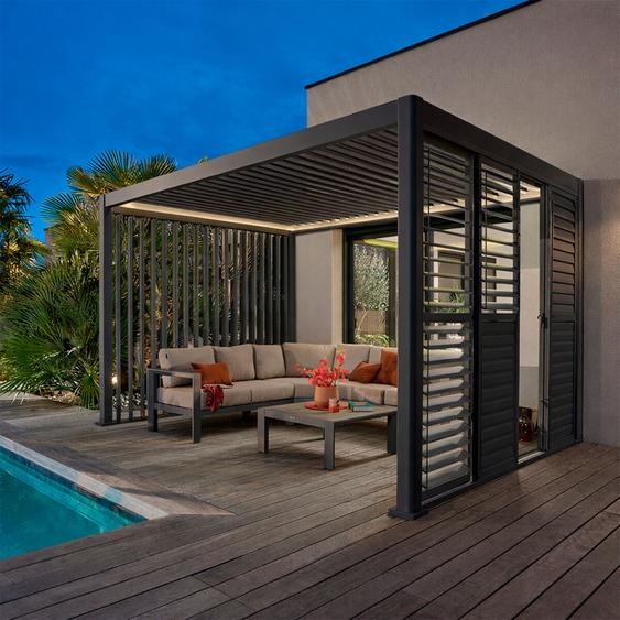Pergola électrique bioclimatique autoportante EVORA Graphite 4 x 3 m - Structure et lames doubles en aluminium Hespéride