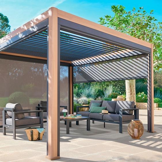 Pergola électrique bioclimatique EVORA Effet bois Honey 4 x 3 m - Structure et lames doubles en aluminium Hespéride