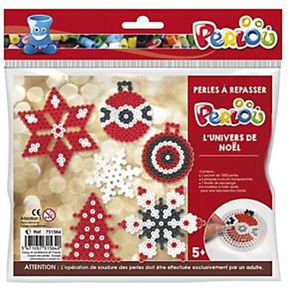 PERLOU Kit dactivité perles à repasser, 1000 perles assorties, 1 plaque, 5 modèles, thèmes Noël