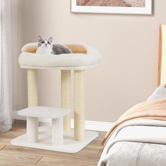 Petit arbre à chat COSTWAY 61 cm, arbre à chat avec siège moelleux, grande base, griffoirs en sisal et plateforme, arbre à chat en bois, arbre à grimper, blanc