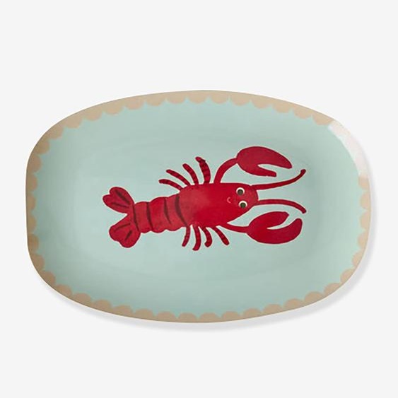 Petite assiette rectangulaire en mélamine avec imprimé crabe rice bleu ciel