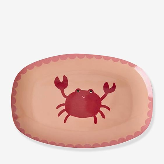 Petite assiette rectangulaire en mélamine avec imprimé crabe rice corail