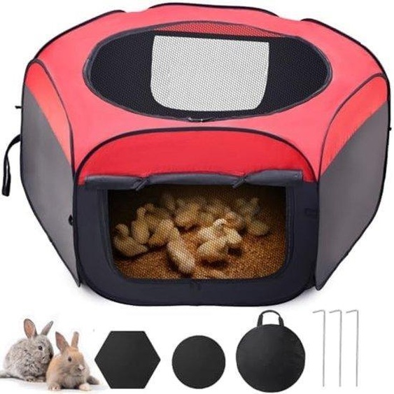 Petite cage pour animaux pliable – Tente en toile Oxford 420D avec fenêtres en filet et protection hivernale – Abri pop-up pour poussins, lapins, cochons dInde, chatons et chiots – 114 x 114 x 51 cm
