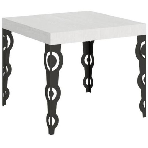 Petite table carrée 90x90 cm extensible 10 personnes 90 à 246 cm blanc et pieds métal anthracite Kazay