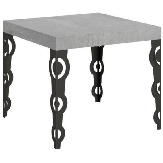 Petite table carrée 90x90 cm extensible 10 personnes 90 à 246 cm gris béton et pieds métal anthracite Kazay
