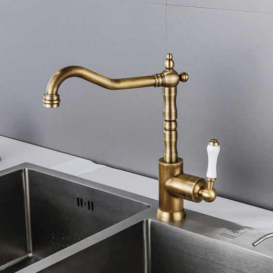 Robinet de Cuisine Vintage Mitigeur Monocommande Rotatif à 360° Robinet Salle de Bain en Laiton Bronze