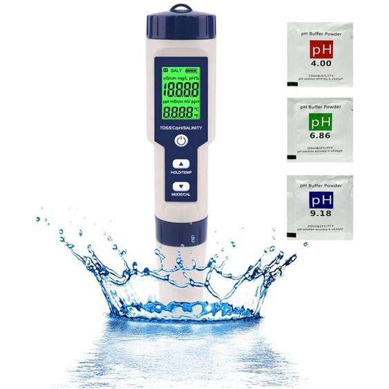 PH-Mètre, 5 En 1 PH/TDS/EC/Salinité/Tempmètre, Testeur De Moniteur De Qualité De Leau Pour Piscines, Culture Hydroponique, Eau Potable, Aquariums