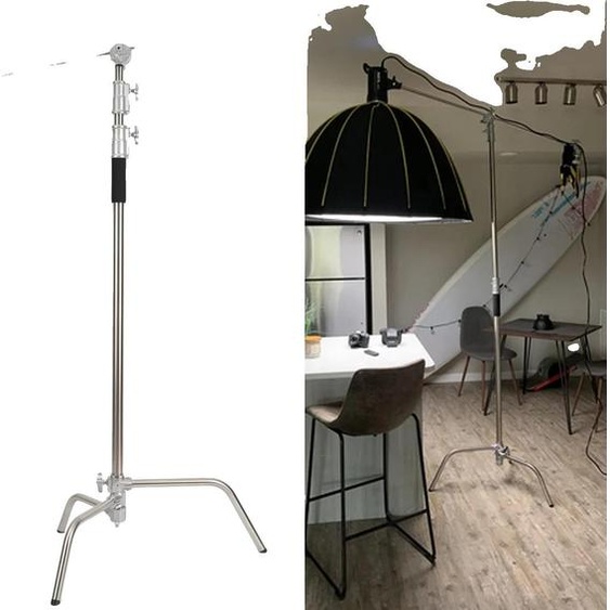 Pied déclairage, acier inoxydable, hauteur maximale 330 cm, capacité de charge 20 kg, potence 127 cm, diamètre du pied 25/30/35 mm