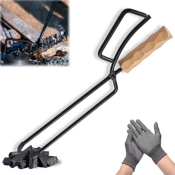 Pince à bois noire, robuste, de 40,5 cm, idéale pour les foyers à forte consommation, pince à bois longue universelle