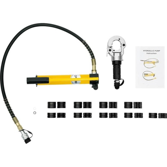 Pince à sertir hydraulique - avec pompe à main - 6 t - 9 mâchoires - V 12-28 mm - TH 16-32 mm - pour tubes inox, cuivre, PEX, PB - Jaune