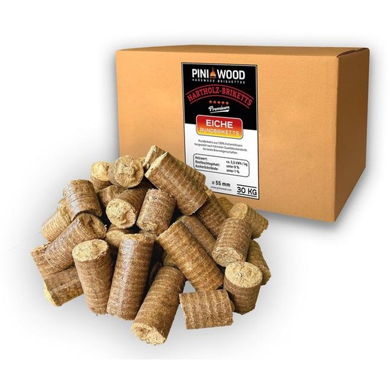 PINI 30 kg Hartholzbriketts 100% chêne Cheminée Poêle Bois de chauffage Grill Briquettes de chêne Briquettes à longue durée de combustion