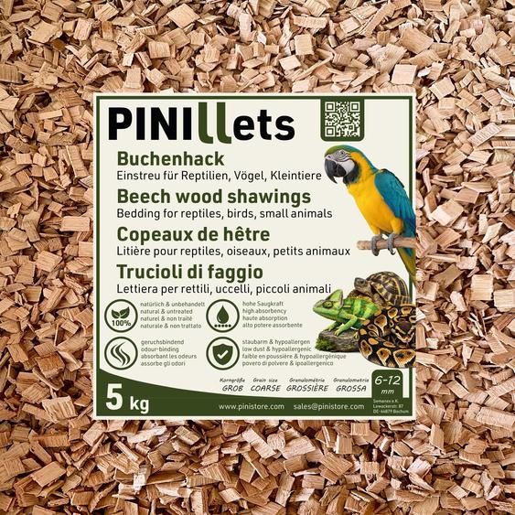 PINI Copeaux de hêtre 20 L / 5 kg : substrat hygiénique sans poussière, à gros grains, pour reptiles, oiseaux, petits animaux, terrariums, volières et étables ; haute capacité dabsorption