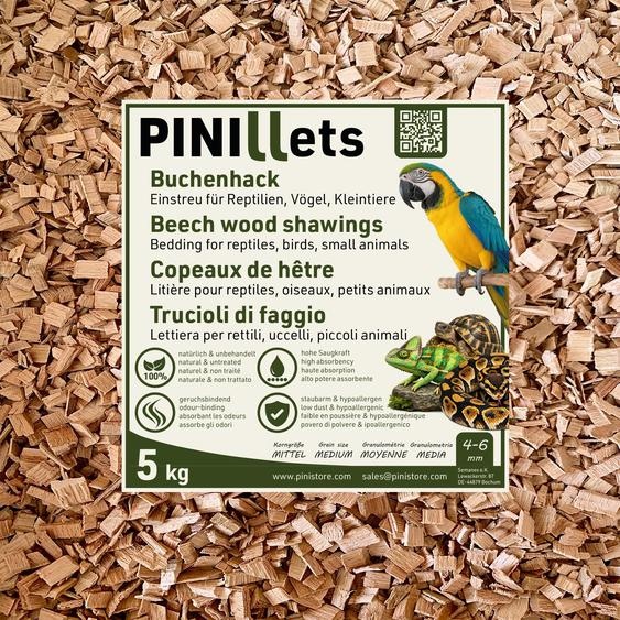 PINI Copeaux de hêtre 20 L / 5 kg : substrat hygiénique sans poussière, à gros grains, pour reptiles, oiseaux, petits animaux, terrariums, volières et étables ; haute capacité dabsorption
