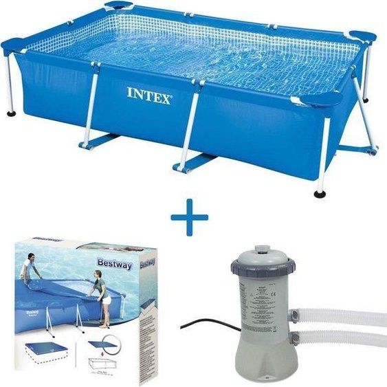 Piscine de jardin à structure métallique 300 x 200 x 75 cm + pompe 12 V - 2 271 l/h + couverture