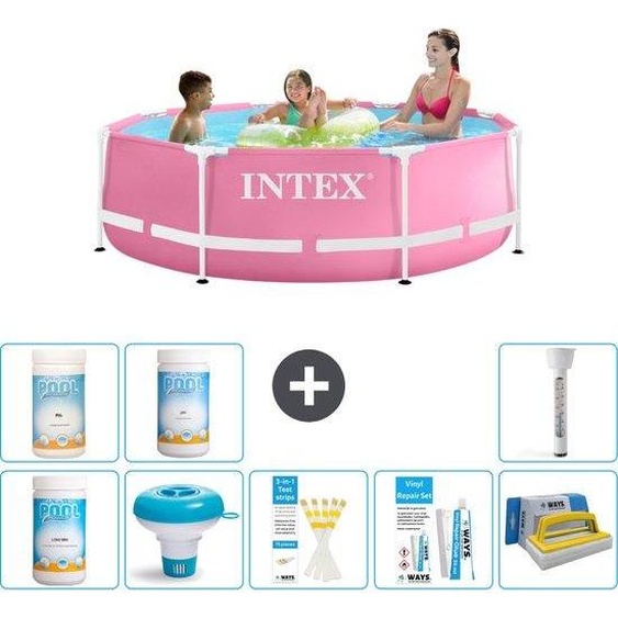 Piscine ronde Intex - 244 x 76 cm - Rose - Avec générateur de chlore - Générateur de chlore - Bandelettes de test - Kit de réparation - Brosse de récurage - pH - pH - Thermomètre