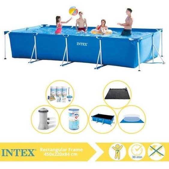 Piscine hors sol rectangulaire Intex - Piscine à structure - 450 x 220 x 84 cm - avec rideau solaire, kit dentretien, pompe de piscine, filtre, couverture de sol et panneau solaire