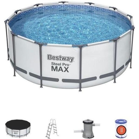 Piscine Hors Sol Tubulaire BESTWAY Steel Pro Max, 366 x 122 cm, Ronde, Avec Filtre, Échelle et Bâche, Capacité 10250 Litres