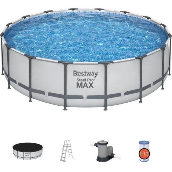 Piscine Hors Sol Tubulaire Bestway Steel Pro Max, 488 x 122 cm, Ronde, Filtre à Cartouche, Échelle, Bâche, 19480 L