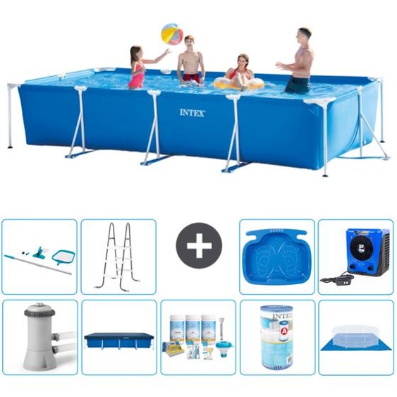 Piscine Intex à cadre rectangulaire - 450 x 220 x 84 cm - bleue - pompe incluse couverture - kit dentretien - filtre - bâche de fond - kit de nettoyage - échelle