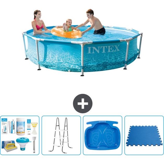 Piscine Intex à cadre rond - 305 x 76 cm - pression de leau - fournie avec kit dentretien - échelle - pédiluve - carrelage de sol