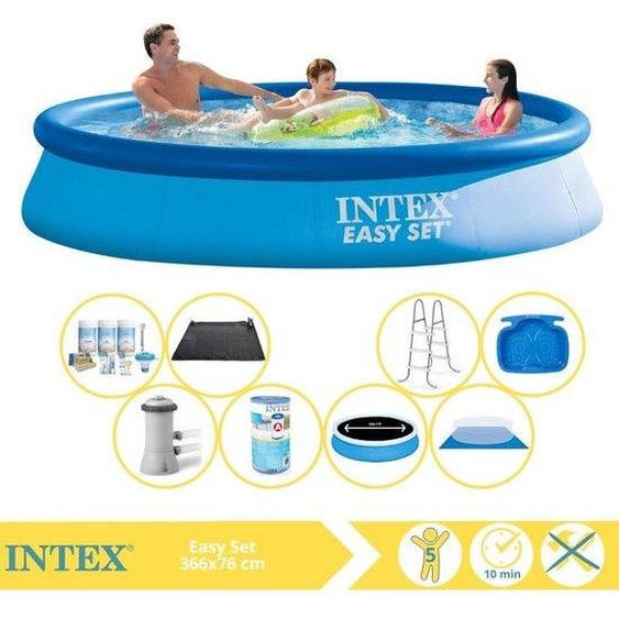 Piscine Intex Easy Set - Piscine gonflable - 366 x 76 cm - Avec parasol Pro, kit dentretien, filtre, bâche de protection, panneau solaire, bordure et bain de pieds